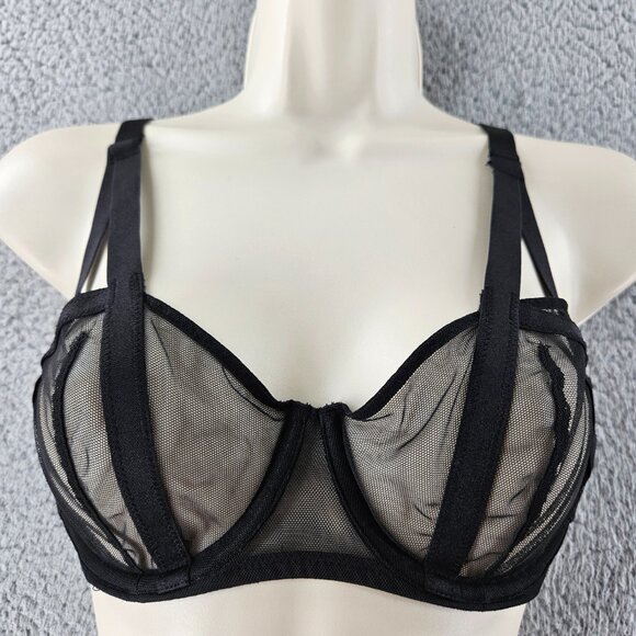 Victoria's Secret Bra Womens 32D Black Very Sexy Unlined Balconet Mesh Lingerie - Picture 1 of 15